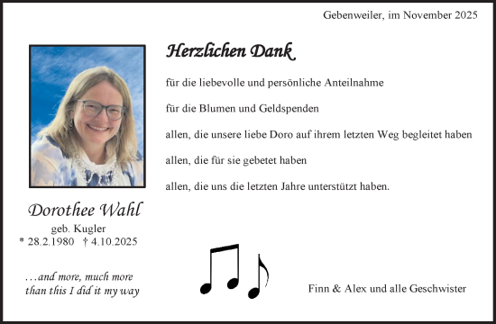 Traueranzeige von Dorothee Wahl von Waiblinger Kreiszeitung