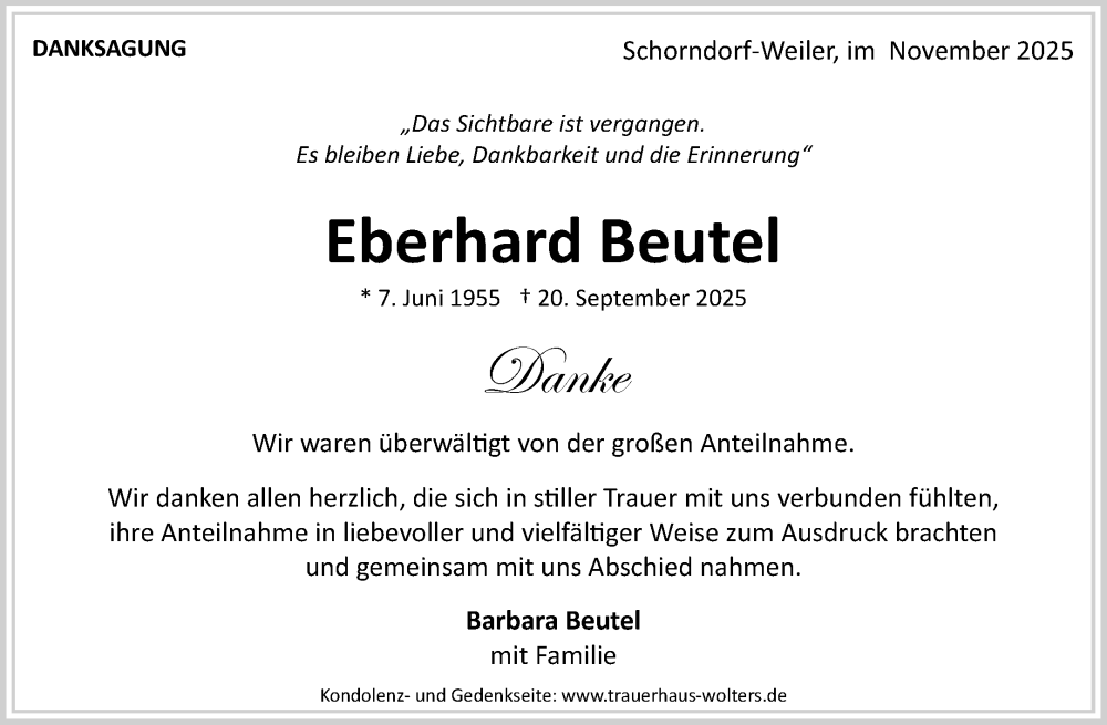  Traueranzeige für Eberhard Beutel vom 08.11.2025 aus Waiblinger Kreiszeitung