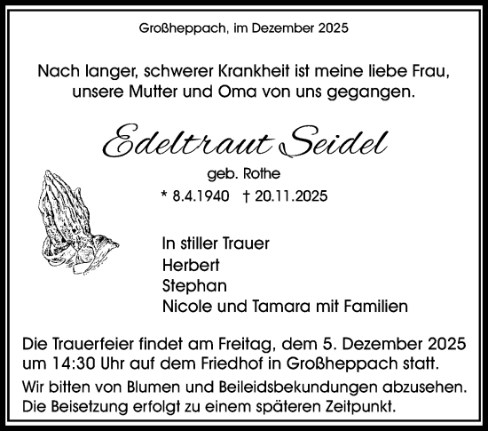 Traueranzeige von Edeltraut Seidel von Waiblinger Kreiszeitung