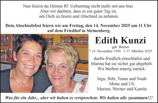 Traueranzeige von Edith Kunzi von Waiblinger Kreiszeitung