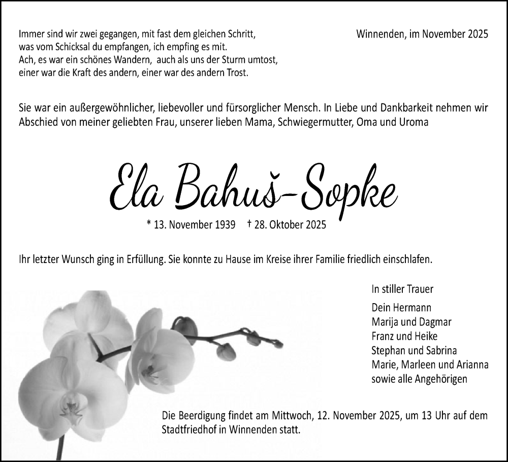  Traueranzeige für Ela Bahuš-Sopke vom 05.11.2025 aus Waiblinger Kreiszeitung