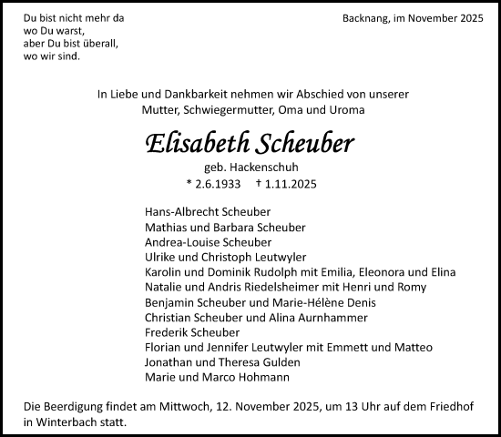 Traueranzeige von Elisabeth Scheuber von Waiblinger Kreiszeitung
