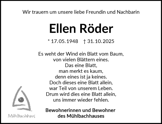 Traueranzeige von Ellen Röder von Waiblinger Kreiszeitung