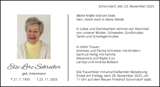 Traueranzeige von Else Lore Schreiber von Waiblinger Kreiszeitung