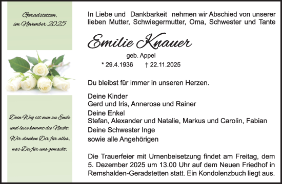 Traueranzeige von Emilie Knauer von Waiblinger Kreiszeitung