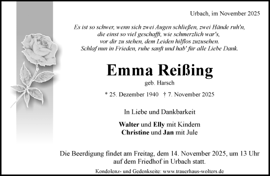 Traueranzeige von Emma Reißing von Waiblinger Kreiszeitung