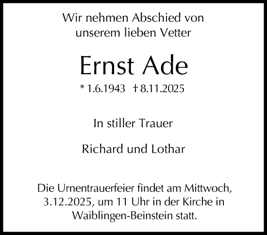 Traueranzeige von Ernst Ade von Waiblinger Kreiszeitung
