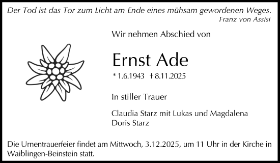Traueranzeige von Ernst Ade von Waiblinger Kreiszeitung