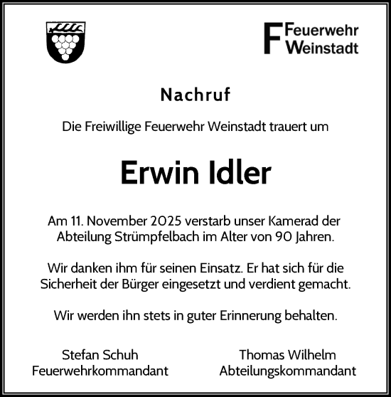 Traueranzeige von Erwin Idler von Waiblinger Kreiszeitung