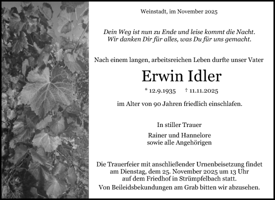 Traueranzeige von Erwin Idler von Waiblinger Kreiszeitung
