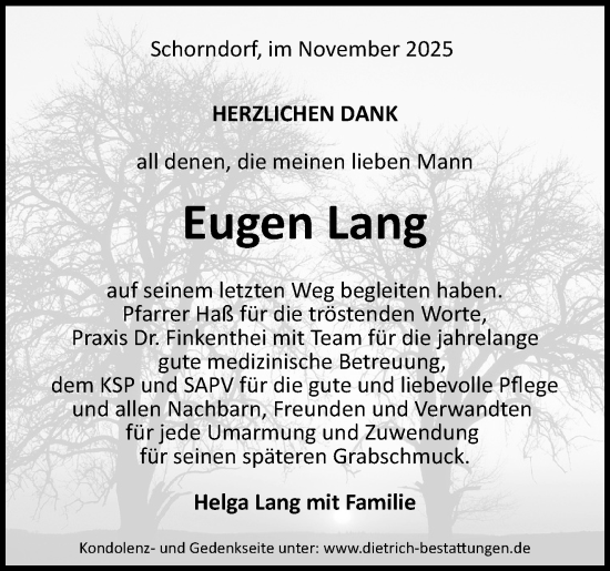 Traueranzeige von Eugen Lang von Waiblinger Kreiszeitung