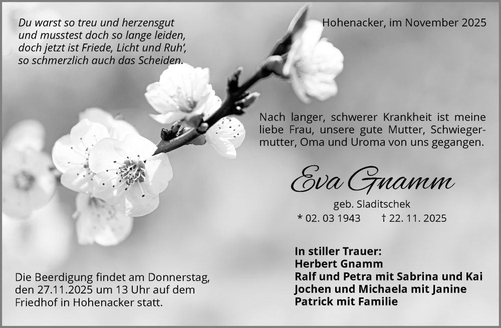  Traueranzeige für Eva Gnamm vom 25.11.2025 aus Waiblinger Kreiszeitung