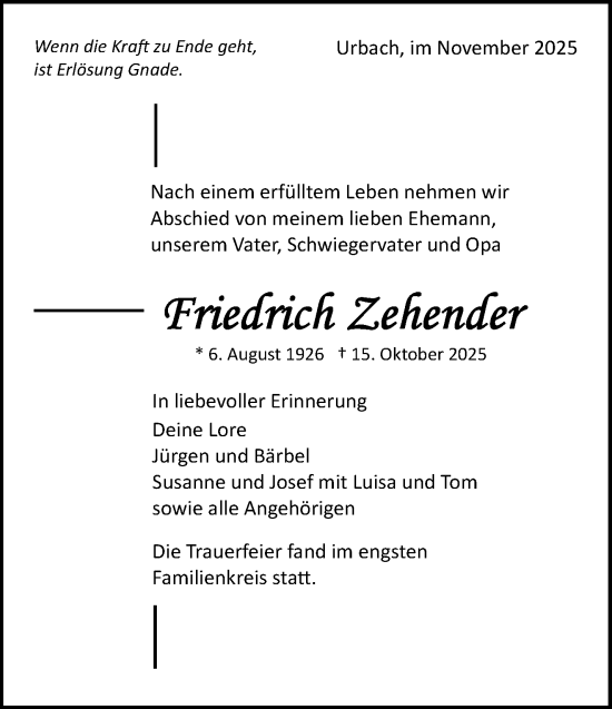 Traueranzeige von Friedrich Zehender von Waiblinger Kreiszeitung