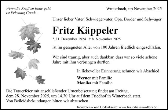 Traueranzeige von Fritz Käppeler von Waiblinger Kreiszeitung