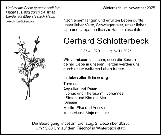 Traueranzeige von Gerhard Schlotterbeck von Waiblinger Kreiszeitung