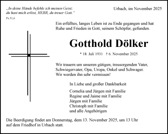 Traueranzeige von Gotthold Dölker von Waiblinger Kreiszeitung