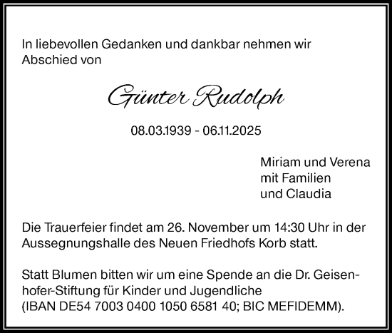 Traueranzeige von Günter Rudolph von Waiblinger Kreiszeitung