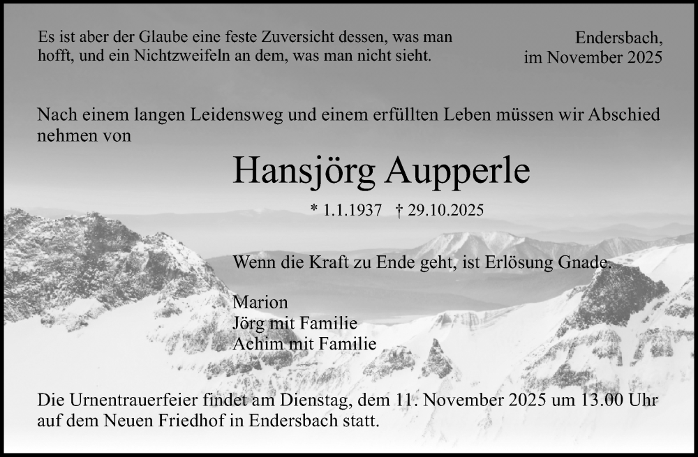  Traueranzeige für Hansjörg Aupperle vom 07.11.2025 aus Waiblinger Kreiszeitung