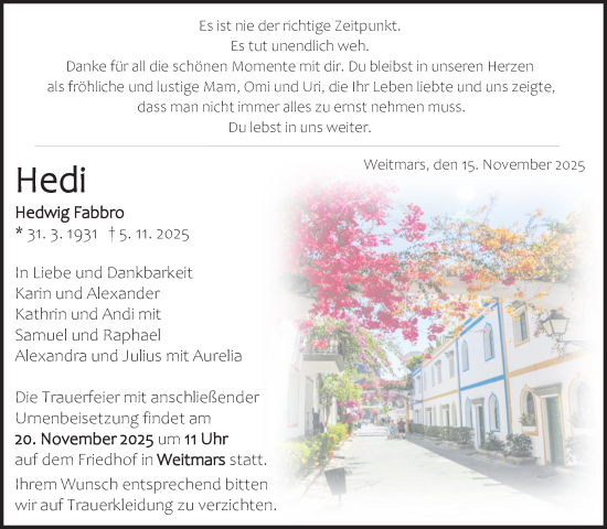 Traueranzeige von Hedwig Fabbro von Waiblinger Kreiszeitung