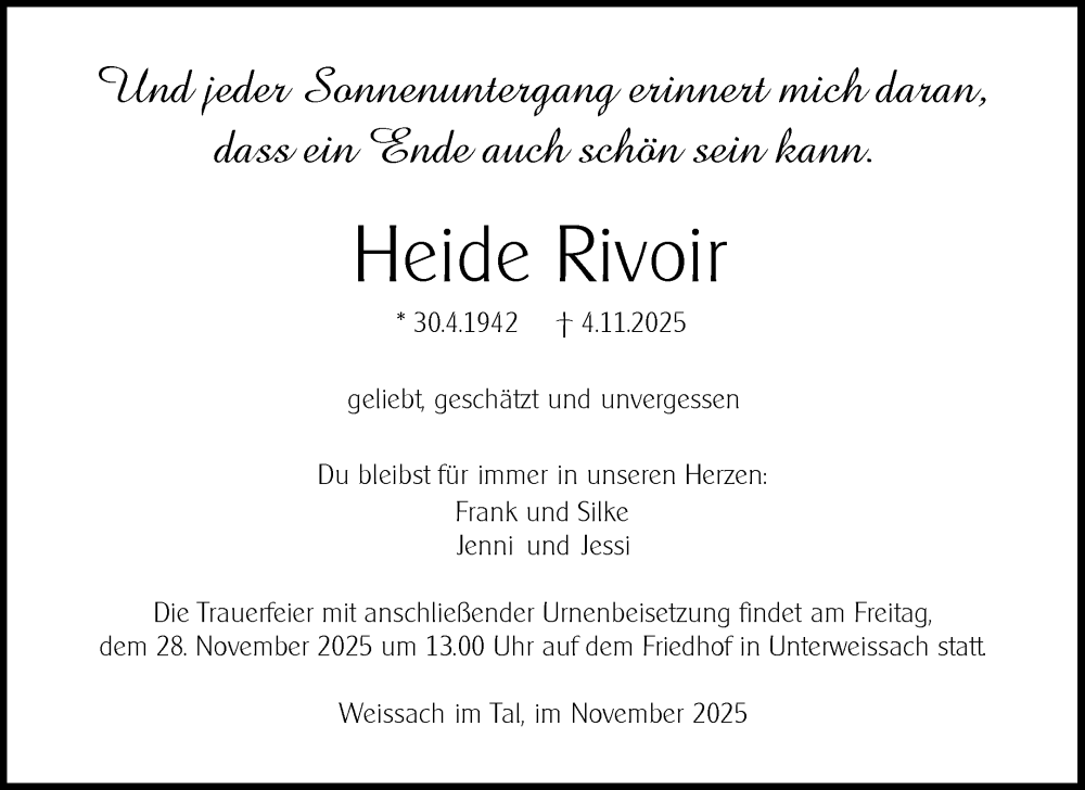  Traueranzeige für Heide Rivoir vom 17.11.2025 aus Waiblinger Kreiszeitung