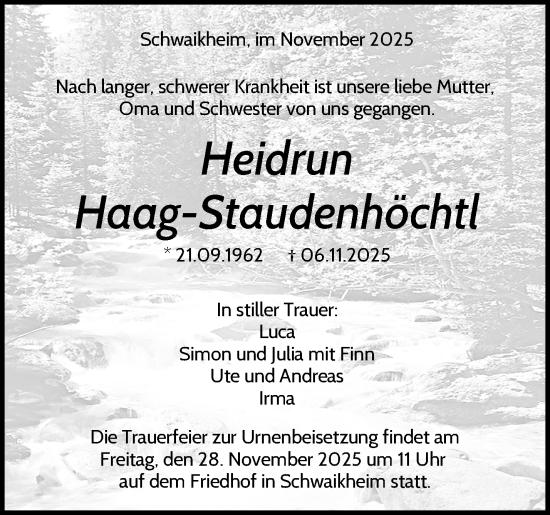 Traueranzeige von Heidrun Haag-Staudenhöchtl von Waiblinger Kreiszeitung