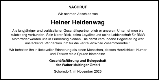 Traueranzeige von Heiner Heidenwag von Waiblinger Kreiszeitung