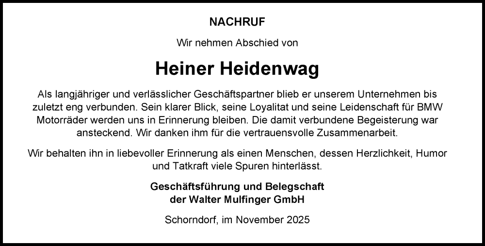  Traueranzeige für Heiner Heidenwag vom 29.11.2025 aus Waiblinger Kreiszeitung