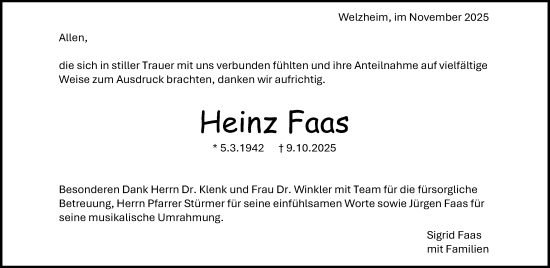 Traueranzeige von Heinz Faas von Waiblinger Kreiszeitung