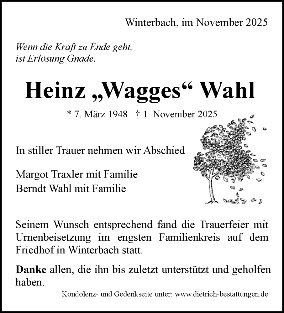  Traueranzeige für Heinz Wahl vom 13.11.2025 aus Waiblinger Kreiszeitung