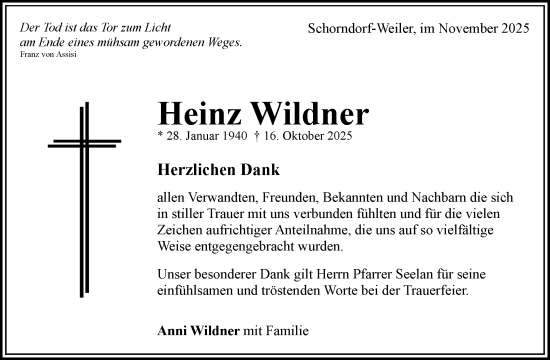 Traueranzeige von Heinz Wildner von Waiblinger Kreiszeitung