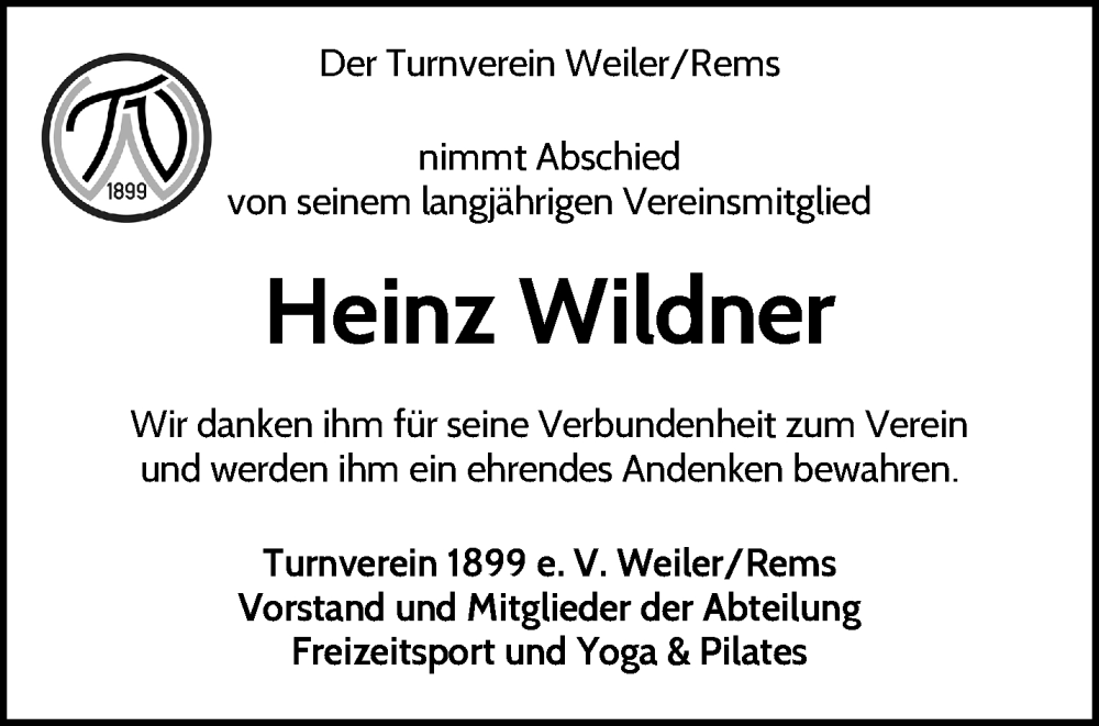  Traueranzeige für Heinz Wildner vom 04.11.2025 aus Waiblinger Kreiszeitung