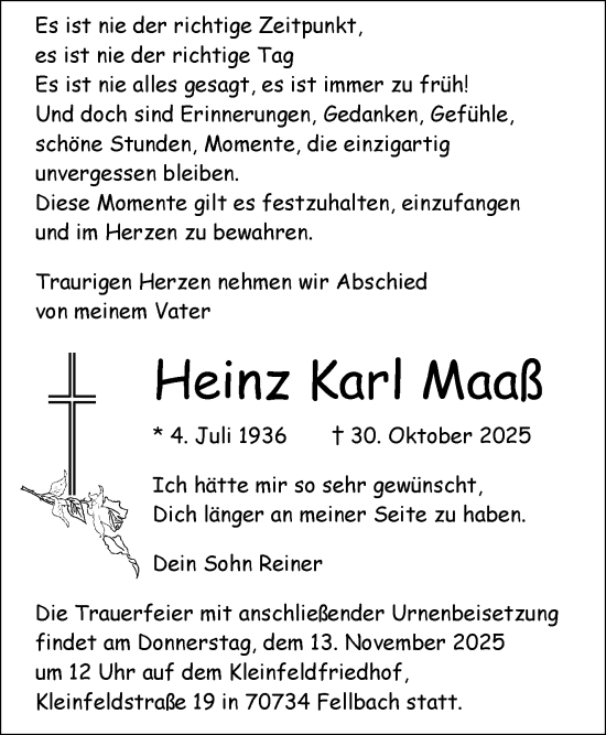 Traueranzeige von Heinz Karl Maaß von Waiblinger Kreiszeitung