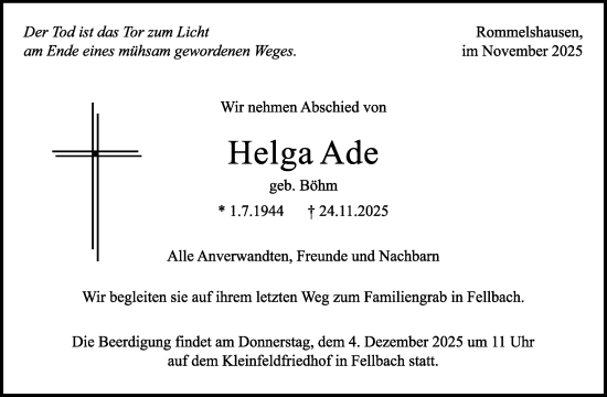 Traueranzeige von Helga Ade von Waiblinger Kreiszeitung