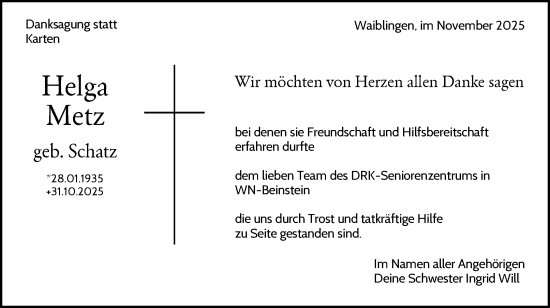 Traueranzeige von Helga Metz von Waiblinger Kreiszeitung