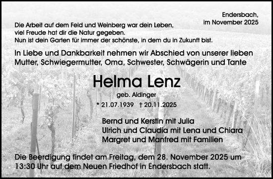 Traueranzeige von Helma Lenz von Waiblinger Kreiszeitung