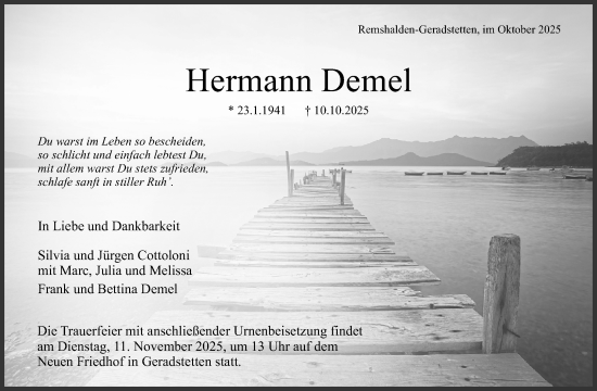 Traueranzeige von Hermann Demel von Waiblinger Kreiszeitung