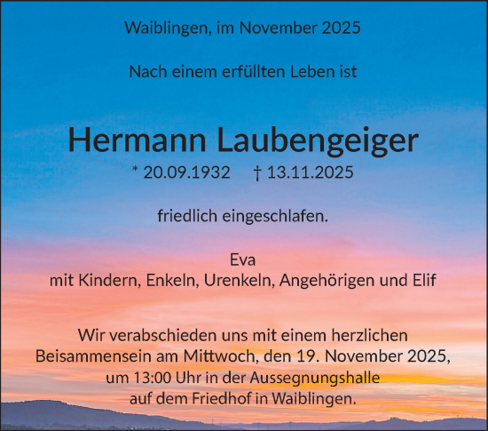 Traueranzeige von Hermann Laubengeiger von Waiblinger Kreiszeitung