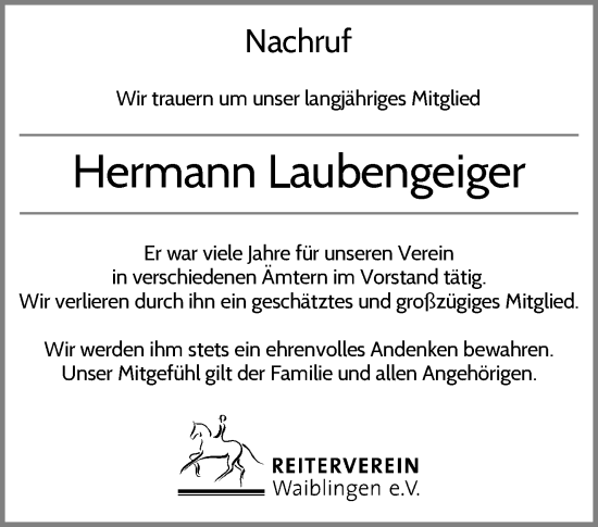 Traueranzeige von Hermann Laubengeiger von Waiblinger Kreiszeitung