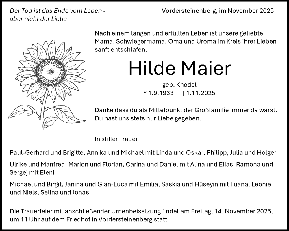  Traueranzeige für Hilde Maier vom 08.11.2025 aus Waiblinger Kreiszeitung