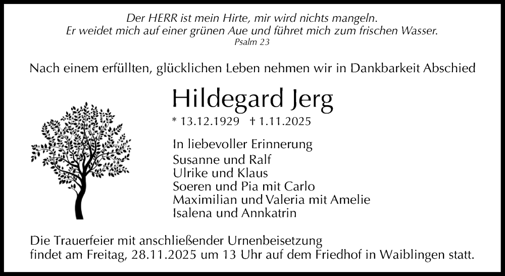  Traueranzeige für Hildegard Jerg vom 22.11.2025 aus Waiblinger Kreiszeitung