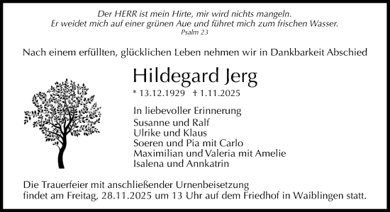 Traueranzeige von Hildegard Jerg von Waiblinger Kreiszeitung