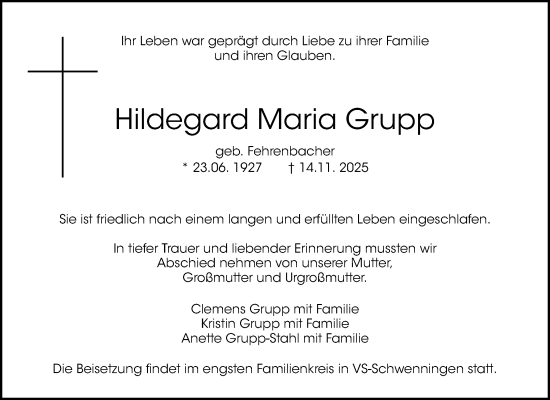 Traueranzeige von Hildegard Maria Grupp von Waiblinger Kreiszeitung