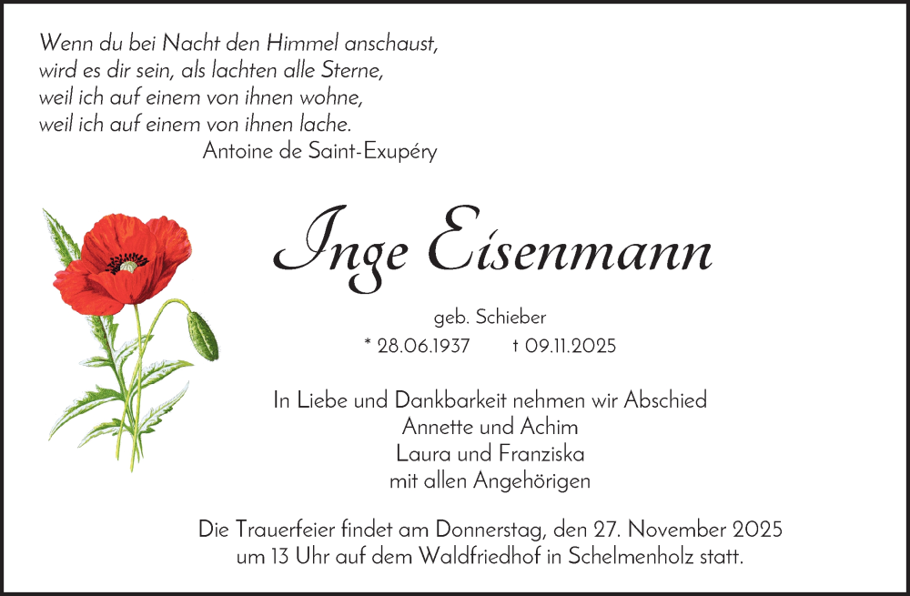  Traueranzeige für Inge Eisenmann vom 15.11.2025 aus Waiblinger Kreiszeitung