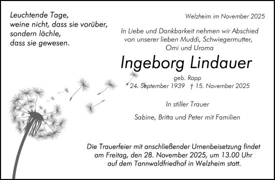 Traueranzeige von Ingeborg Lindauer von Waiblinger Kreiszeitung