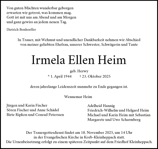 Traueranzeige von Irmela Ellen Heim von Waiblinger Kreiszeitung