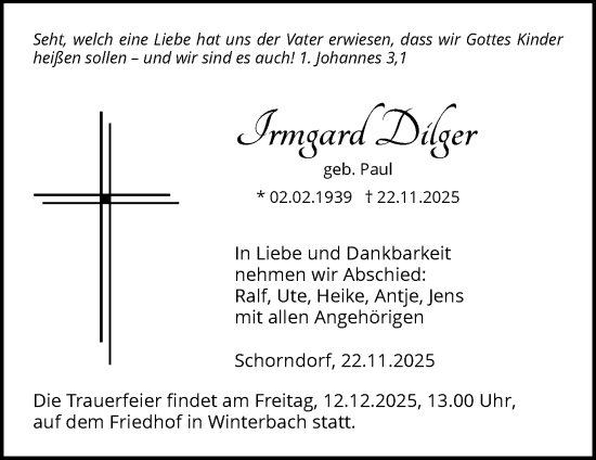 Traueranzeige von Irmgard Dilger von Waiblinger Kreiszeitung