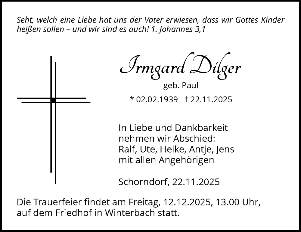  Traueranzeige für Irmgard Dilger vom 29.11.2025 aus Waiblinger Kreiszeitung