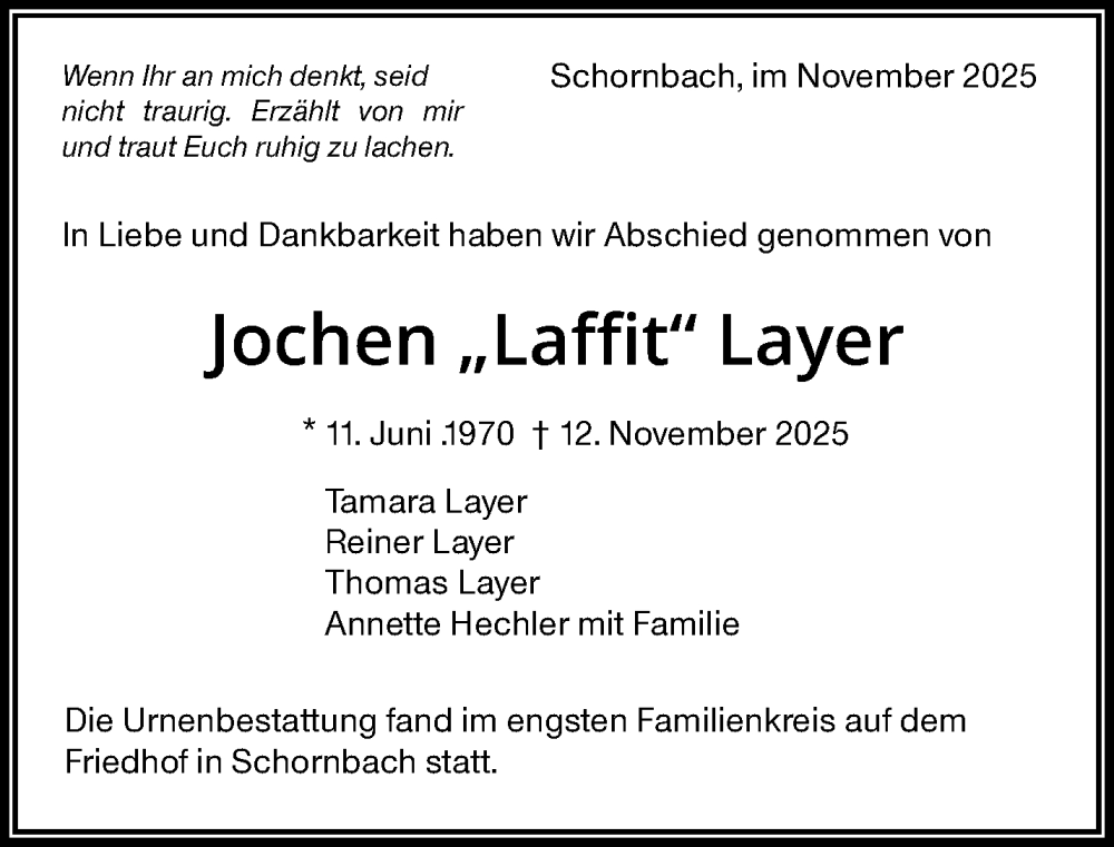  Traueranzeige für Jochen Layer vom 29.11.2025 aus Waiblinger Kreiszeitung