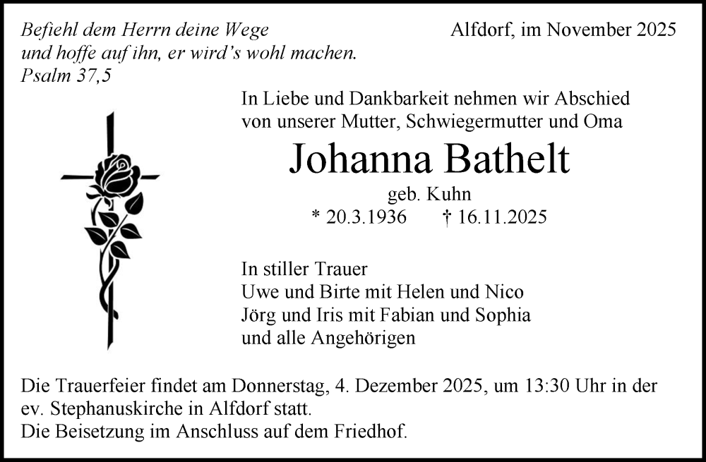  Traueranzeige für Johanna Bathelt vom 29.11.2025 aus Waiblinger Kreiszeitung