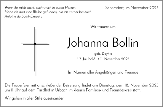 Traueranzeige von Johanna Bollin von Waiblinger Kreiszeitung